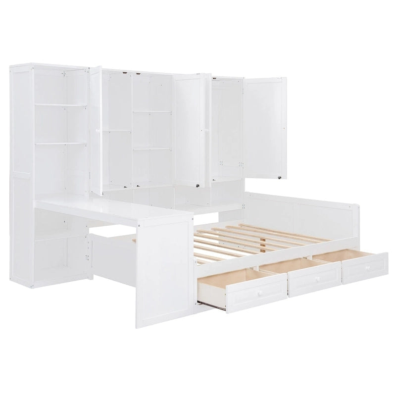 Lit de repos gris/blanc avec bureau et rangement – Lit simple/double, 1 personne