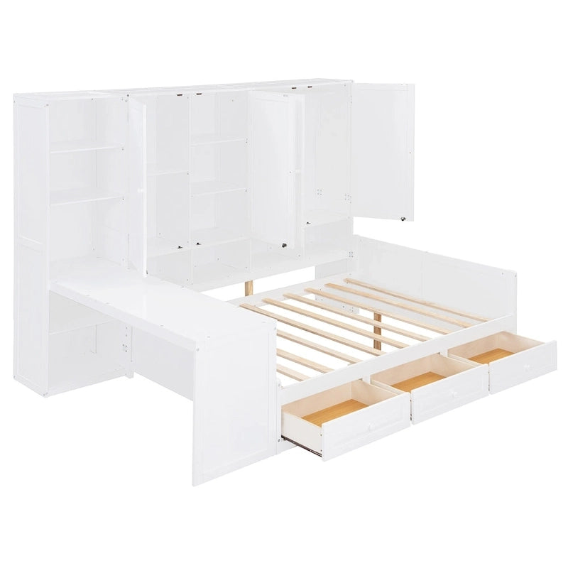 Lit de repos gris/blanc avec bureau et rangement – Lit simple/double, 1 personne