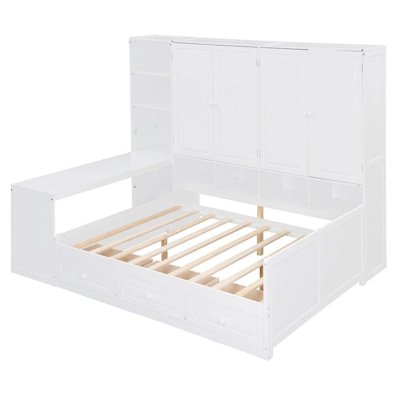 Lit de repos gris/blanc avec bureau et rangement – Lit simple/double, 1 personne
