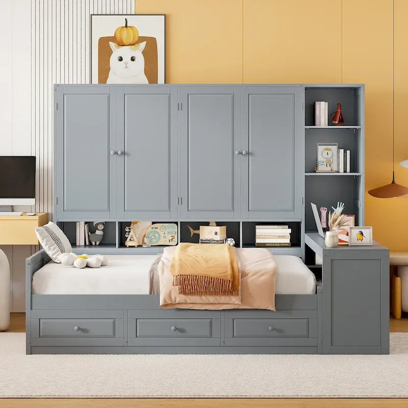Lit de repos gris/blanc avec bureau et rangement – Lit simple/double, 1 personne