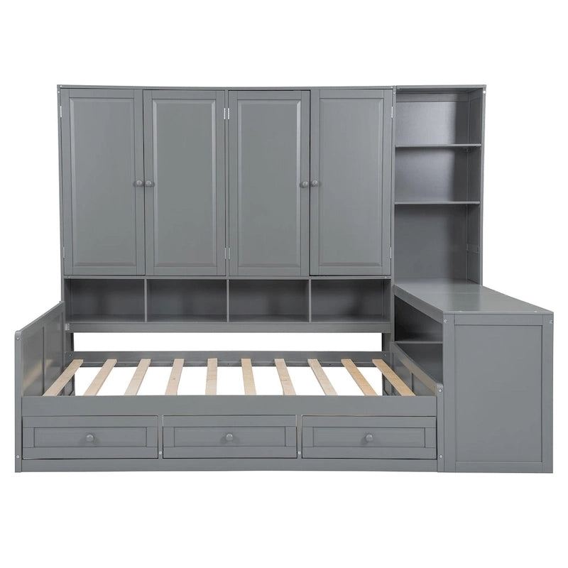 Lit de repos gris/blanc avec bureau et rangement – Lit simple/double, 1 personne
