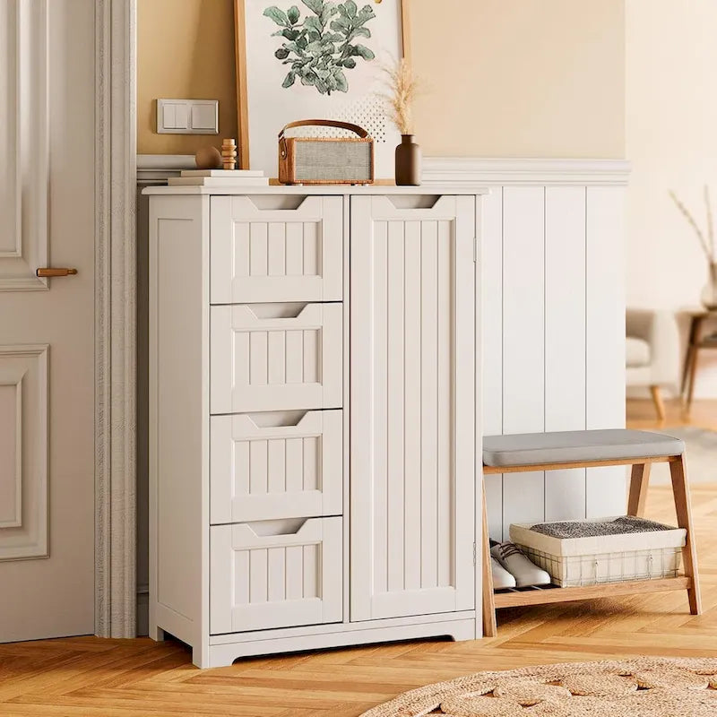 Meuble de rangement en bois autoportant blanc/brun foncé avec 4 tiroirs – Simple/Double