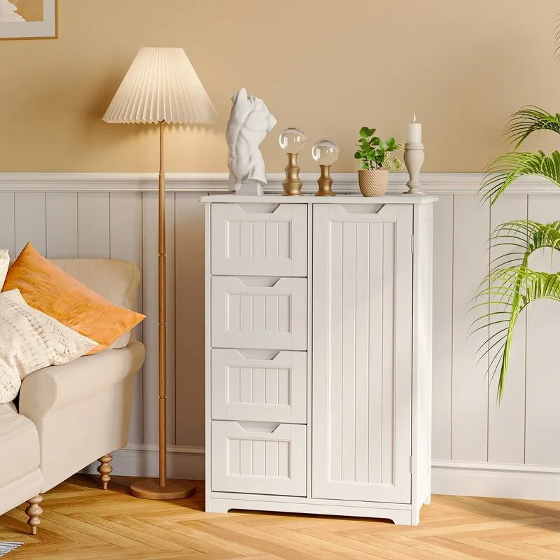 Meuble de rangement en bois autoportant blanc/brun foncé avec 4 tiroirs – Simple/Double