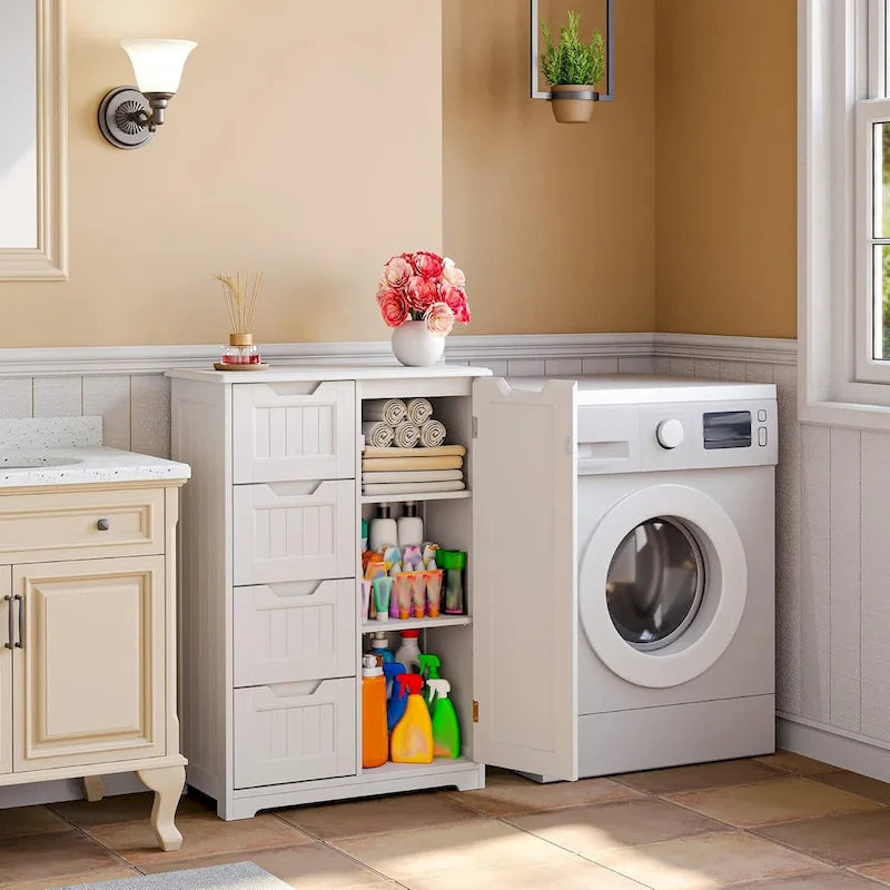 Meuble de rangement en bois autoportant blanc/brun foncé avec 4 tiroirs – Simple/Double