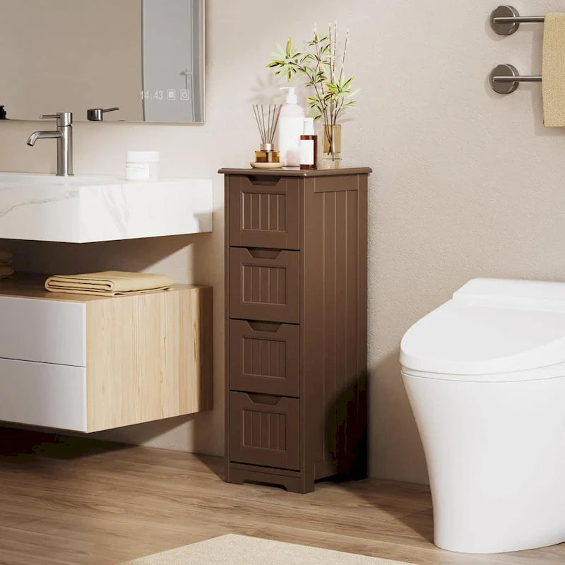 Meuble de rangement en bois autoportant blanc/brun foncé avec 4 tiroirs – Simple/Double