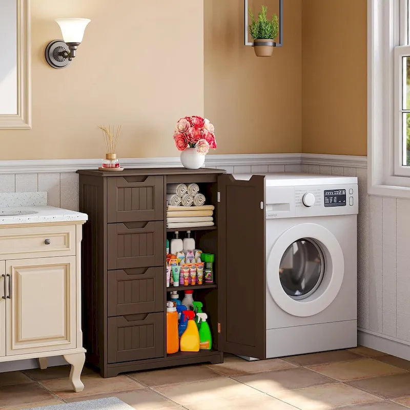 Meuble de rangement en bois autoportant blanc/brun foncé avec 4 tiroirs – Simple/Double