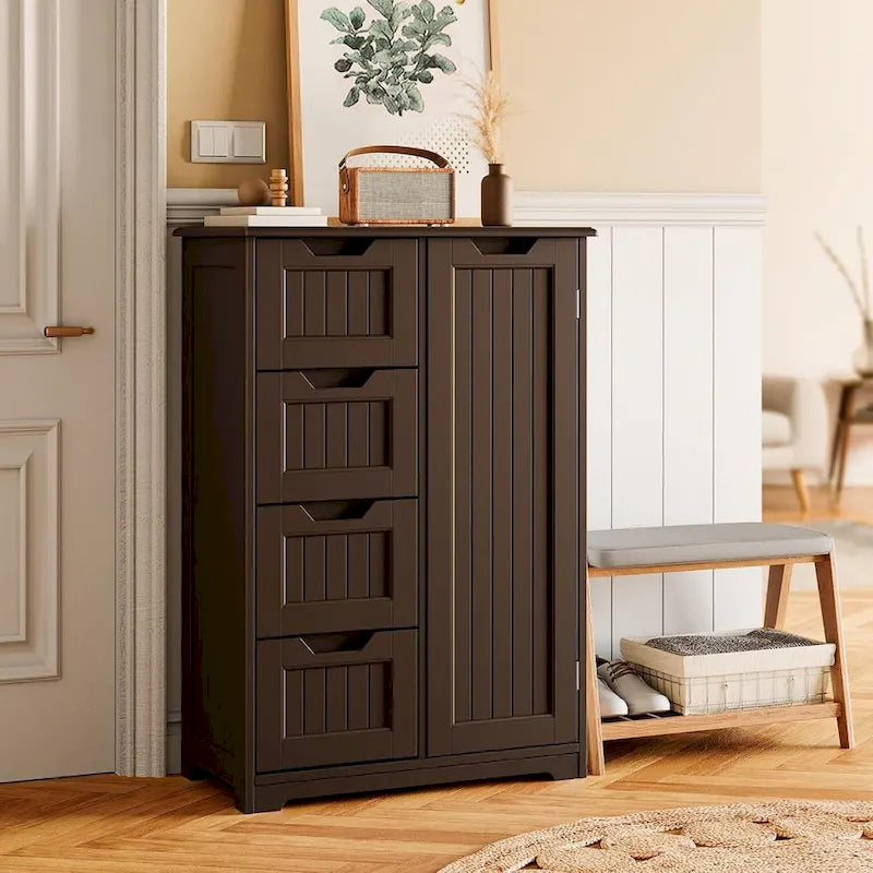 Meuble de rangement en bois autoportant blanc/brun foncé avec 4 tiroirs – Simple/Double