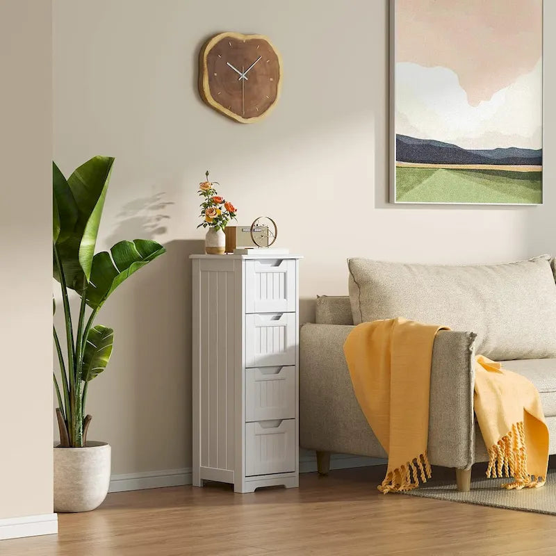 Meuble de rangement en bois autoportant blanc/brun foncé avec 4 tiroirs – Simple/Double