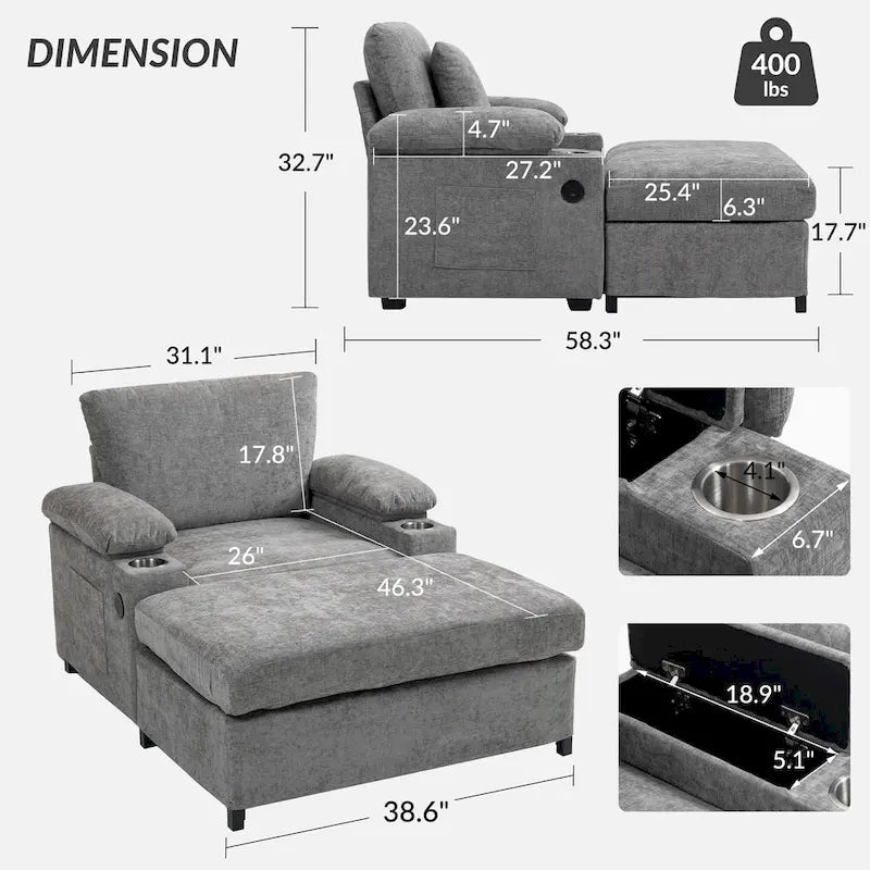 Fauteuil de relaxation surdimensionné avec pouf, pour 1 personne - Vert / Gris / Beige / Gris foncé