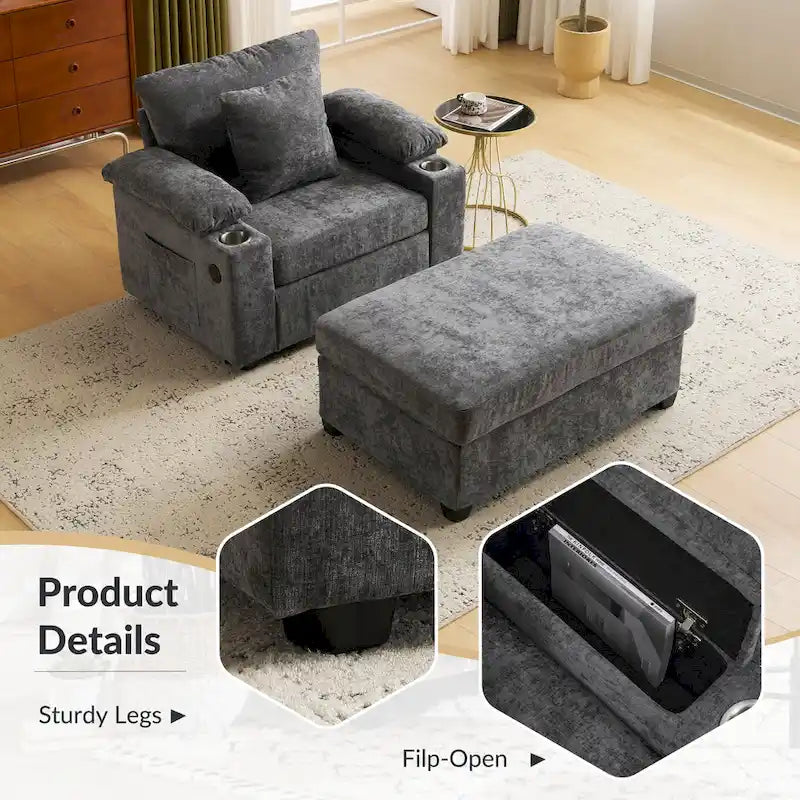 Fauteuil de relaxation surdimensionné avec pouf, pour 1 personne - Vert / Gris / Beige / Gris foncé
