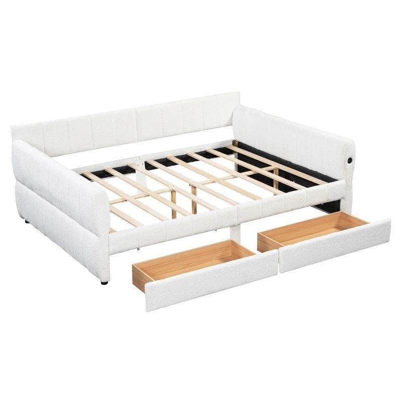Canapé-lit rembourré Queen gris/blanc avec tiroirs de rangement et port USB, 1 à 2 personnes