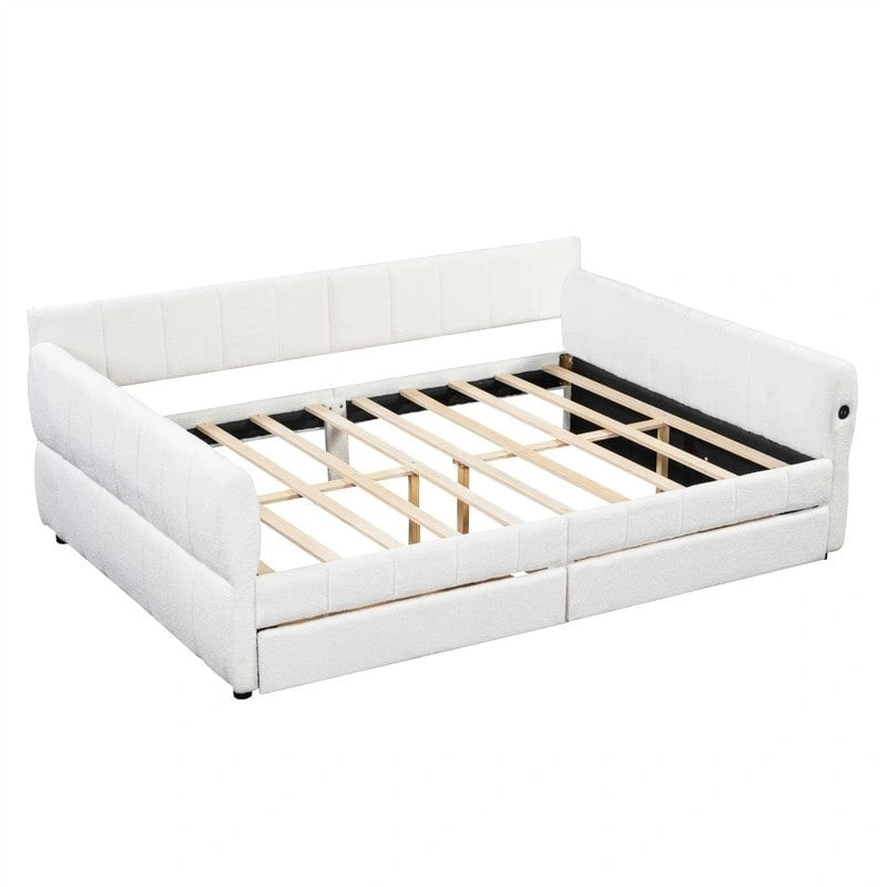 Canapé-lit rembourré Queen gris/blanc avec tiroirs de rangement et port USB, 1 à 2 personnes