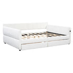 Canapé-lit rembourré Queen gris/blanc avec tiroirs de rangement et port USB, 1 à 2 personnes