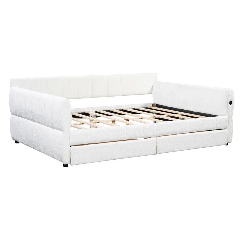 Canapé-lit rembourré Queen gris/blanc avec tiroirs de rangement et port USB, 1 à 2 personnes