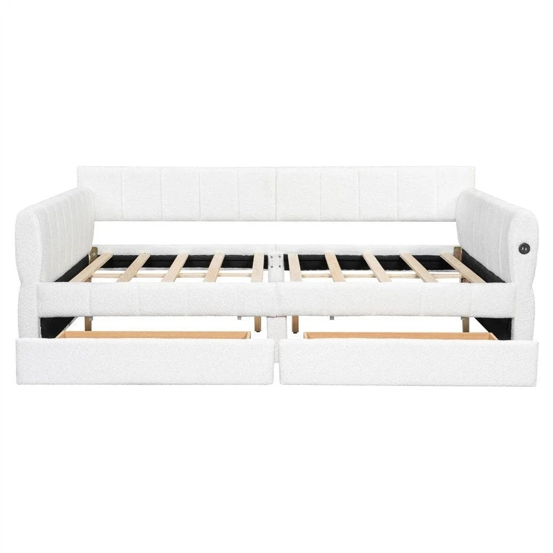 Canapé-lit rembourré Queen gris/blanc avec tiroirs de rangement et port USB, 1 à 2 personnes