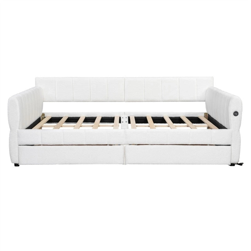Canapé-lit rembourré Queen gris/blanc avec tiroirs de rangement et port USB, 1 à 2 personnes