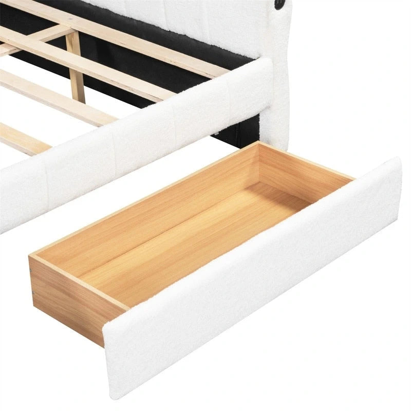 Canapé-lit rembourré Queen gris/blanc avec tiroirs de rangement et port USB, 1 à 2 personnes