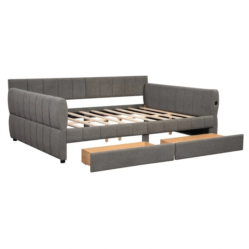 Canapé-lit rembourré Queen gris/blanc avec tiroirs de rangement et port USB, 1 à 2 personnes