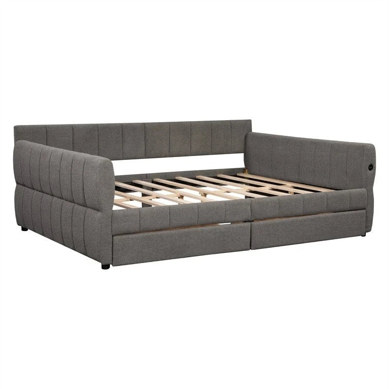 Canapé-lit rembourré Queen gris/blanc avec tiroirs de rangement et port USB, 1 à 2 personnes