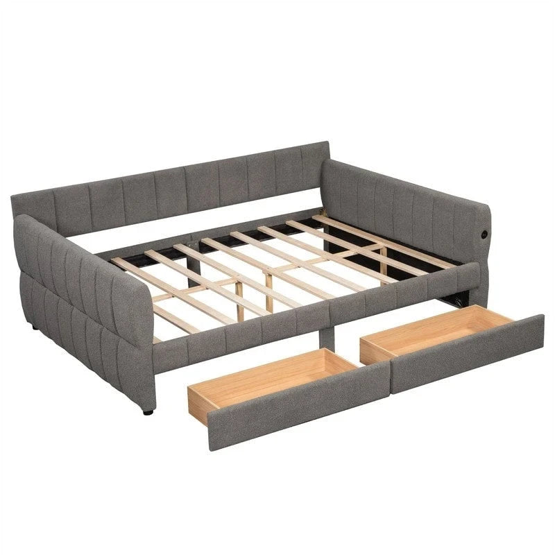 Canapé-lit rembourré Queen gris/blanc avec tiroirs de rangement et port USB, 1 à 2 personnes