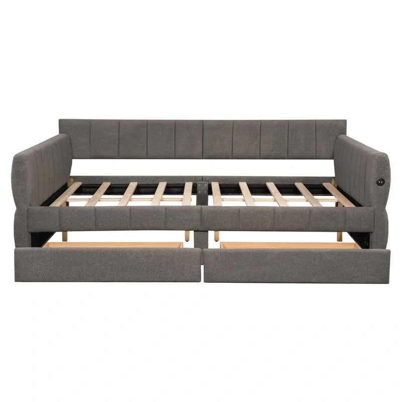 Canapé-lit rembourré Queen gris/blanc avec tiroirs de rangement et port USB, 1 à 2 personnes