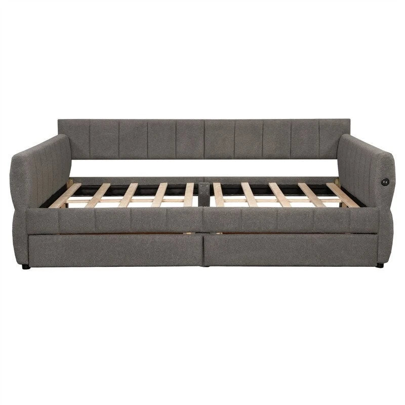 Canapé-lit rembourré Queen gris/blanc avec tiroirs de rangement et port USB, 1 à 2 personnes