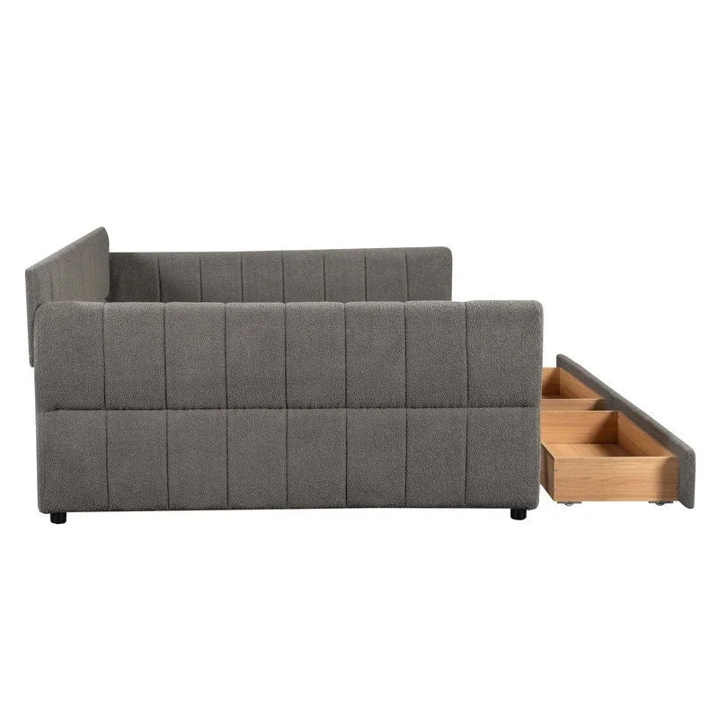 Canapé-lit rembourré Queen gris/blanc avec tiroirs de rangement et port USB, 1 à 2 personnes
