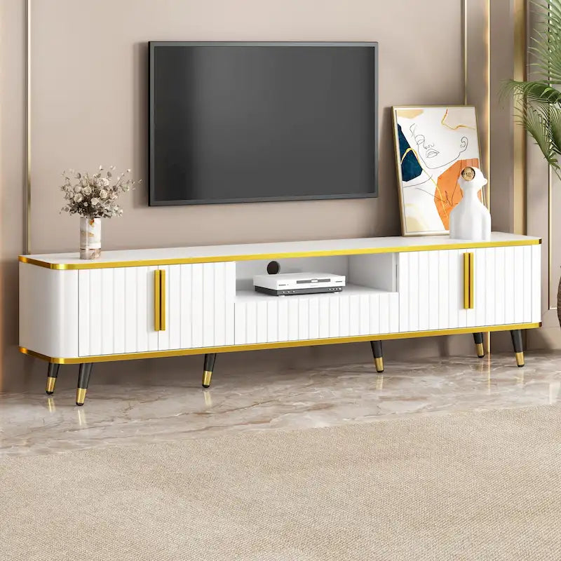 Meuble TV avec accents dorés, blanc-doré / doré-noir, pour TV jusqu'à 85", 1 unité