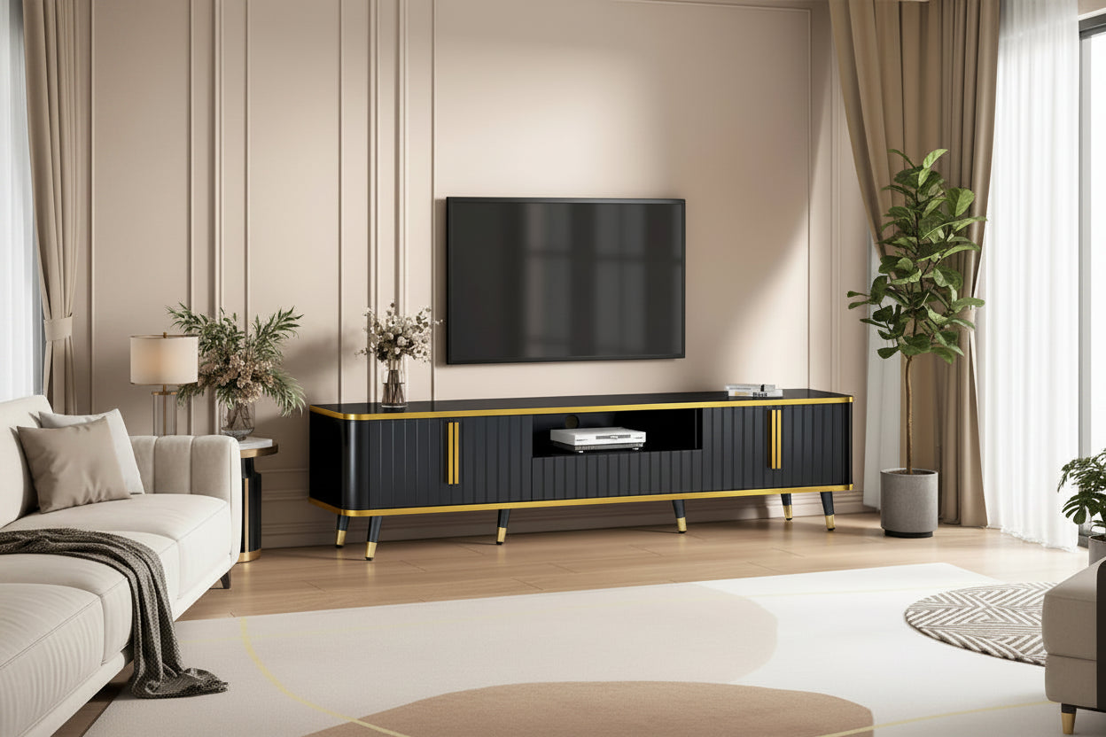 Luxury Minimalism TV Stand Storage Cabinet with Golden Accents - 13.90 x 78.80 x 19.00