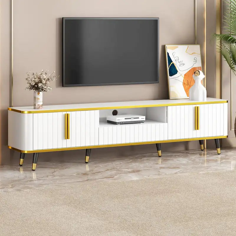 Meuble TV avec accents dorés, blanc-doré / doré-noir, pour TV jusqu'à 85", 1 unité