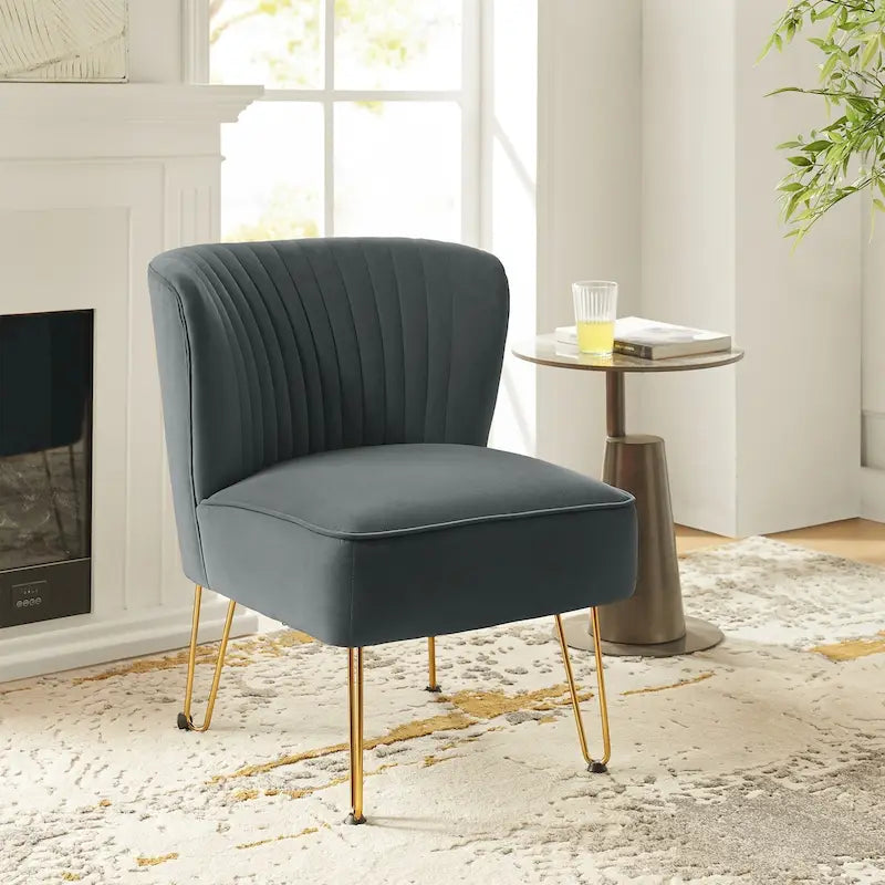 Fauteuil d'appoint capitonné en velours – Pieds dorés | Marine / Violet / Rose / Gris / Bleu sarcelle / Noir / Bleu / Ivoire / Fuchsia / Fauve / Moutarde / Vert | Sans accoudoirs | 1 place