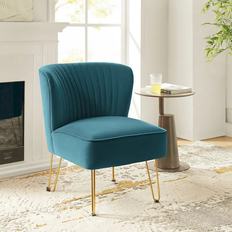 Fauteuil d'appoint capitonné en velours – Pieds dorés | Marine / Violet / Rose / Gris / Bleu sarcelle / Noir / Bleu / Ivoire / Fuchsia / Fauve / Moutarde / Vert | Sans accoudoirs | 1 place