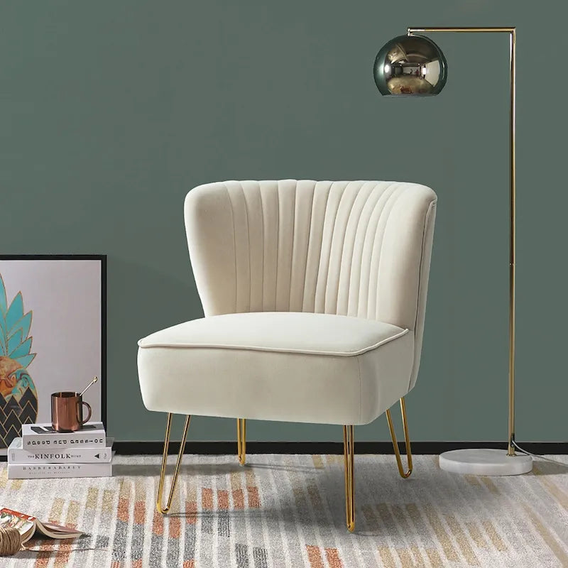Fauteuil d'appoint capitonné en velours – Pieds dorés | Marine / Violet / Rose / Gris / Bleu sarcelle / Noir / Bleu / Ivoire / Fuchsia / Fauve / Moutarde / Vert | Sans accoudoirs | 1 place