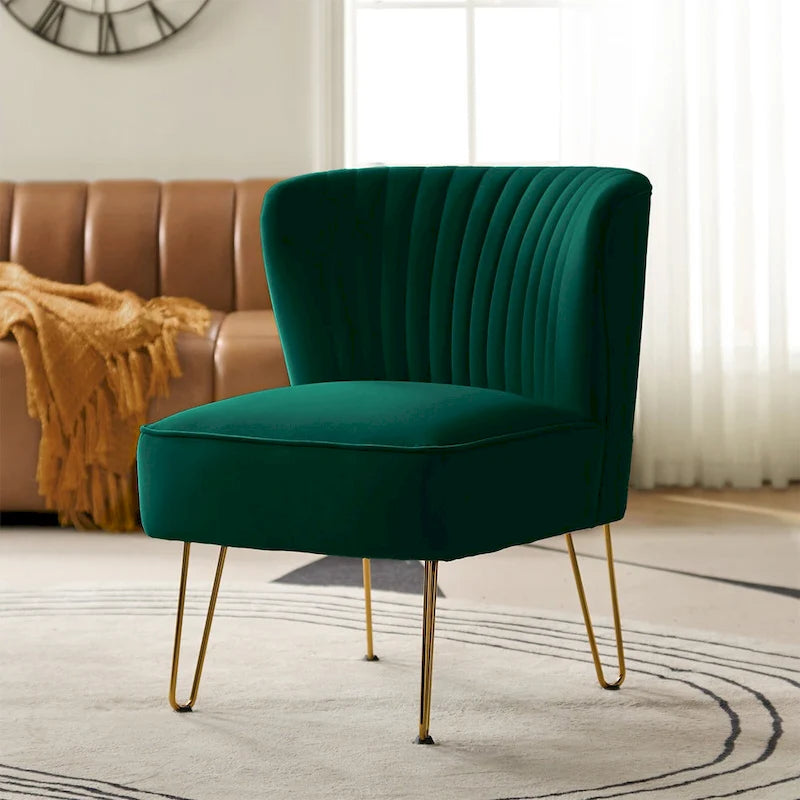 Fauteuil d'appoint capitonné en velours – Pieds dorés | Marine / Violet / Rose / Gris / Bleu sarcelle / Noir / Bleu / Ivoire / Fuchsia / Fauve / Moutarde / Vert | Sans accoudoirs | 1 place