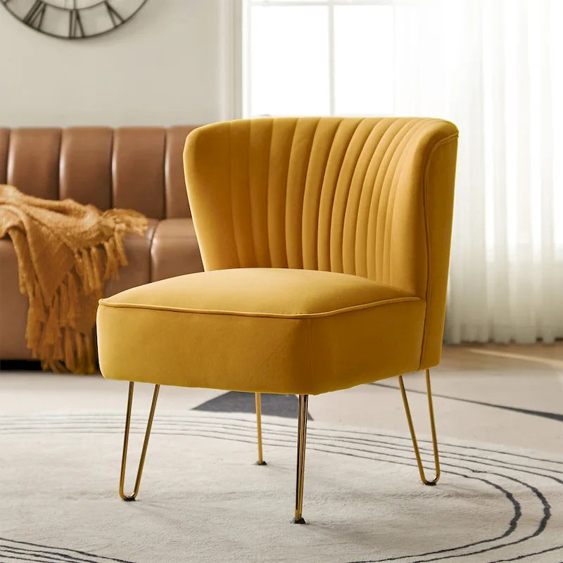 Fauteuil d'appoint capitonné en velours – Pieds dorés | Marine / Violet / Rose / Gris / Bleu sarcelle / Noir / Bleu / Ivoire / Fuchsia / Fauve / Moutarde / Vert | Sans accoudoirs | 1 place