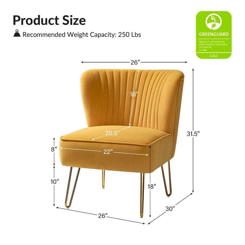 Fauteuil d'appoint capitonné en velours – Pieds dorés | Marine / Violet / Rose / Gris / Bleu sarcelle / Noir / Bleu / Ivoire / Fuchsia / Fauve / Moutarde / Vert | Sans accoudoirs | 1 place
