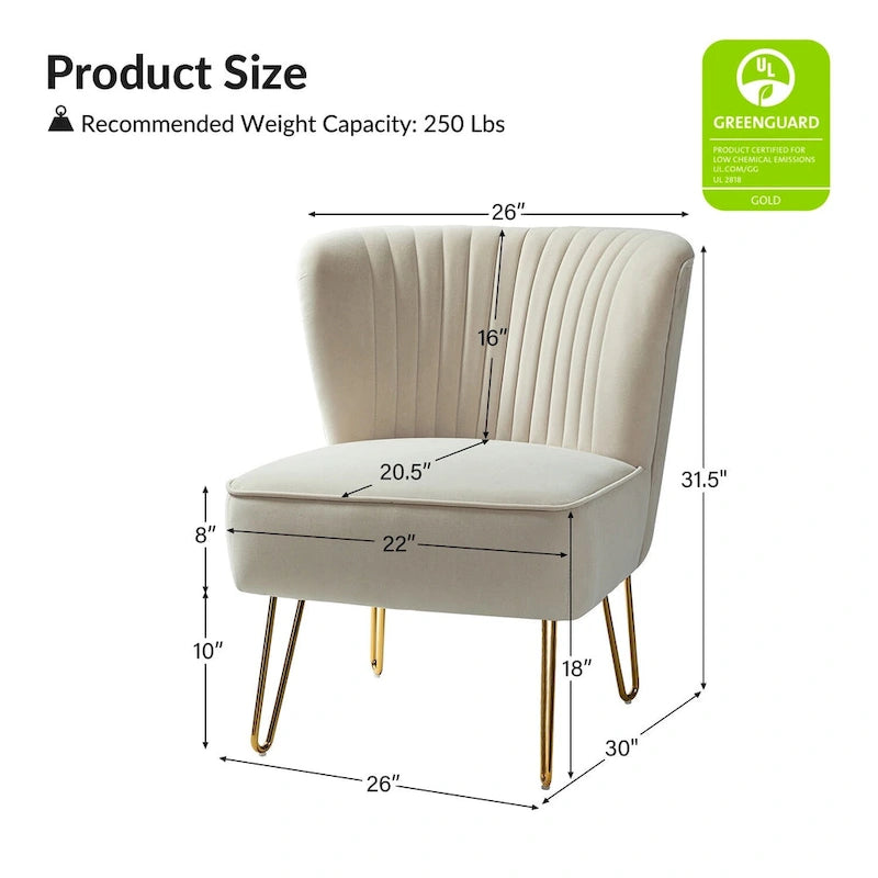 Fauteuil d'appoint capitonné en velours – Pieds dorés | Marine / Violet / Rose / Gris / Bleu sarcelle / Noir / Bleu / Ivoire / Fuchsia / Fauve / Moutarde / Vert | Sans accoudoirs | 1 place