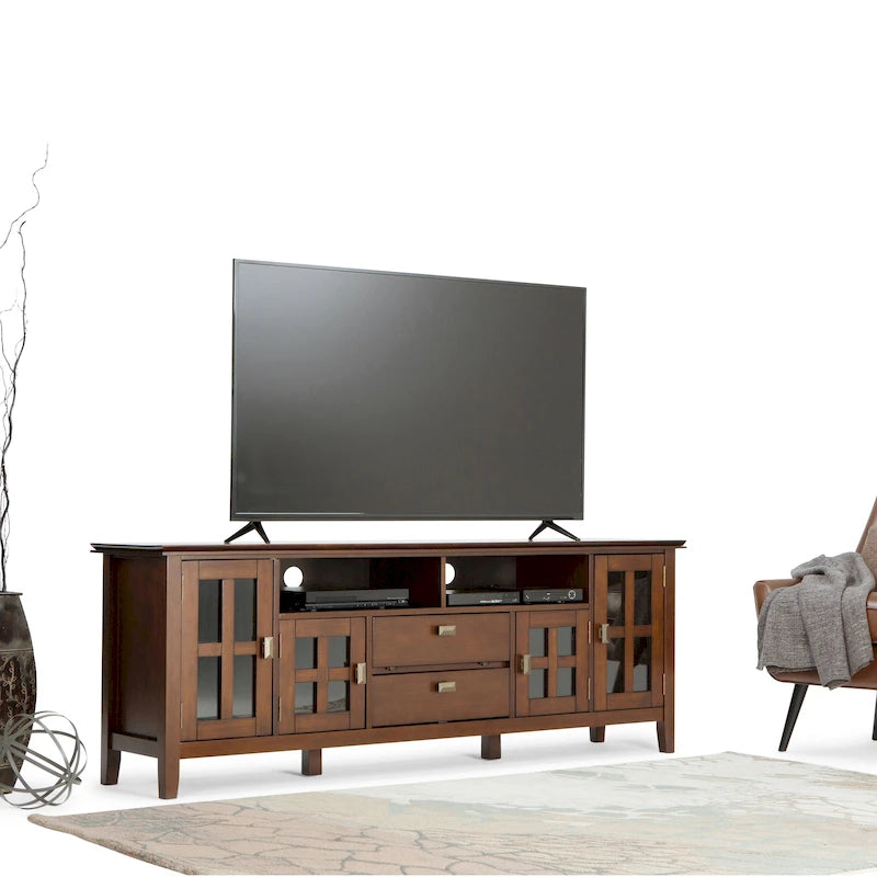 Meuble TV en bois massif, 183 cm de large, convient aux téléviseurs jusqu'à 80" – Plusieurs couleurs disponibles
