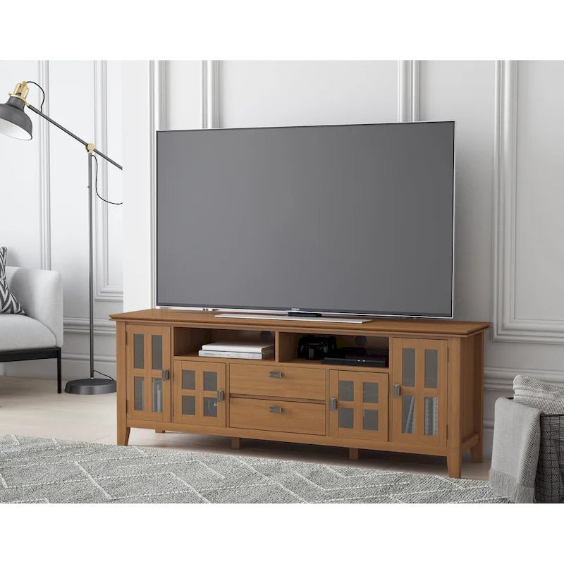 Meuble TV en bois massif, 183 cm de large, convient aux téléviseurs jusqu'à 80" – Plusieurs couleurs disponibles