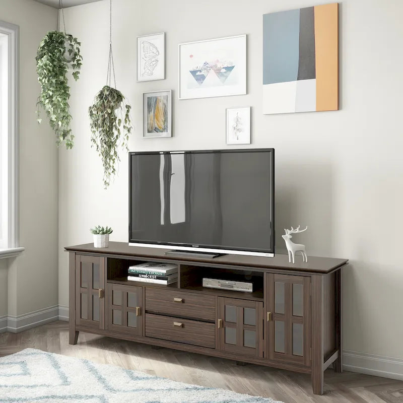 Meuble TV en bois massif, 183 cm de large, convient aux téléviseurs jusqu'à 80" – Plusieurs couleurs disponibles