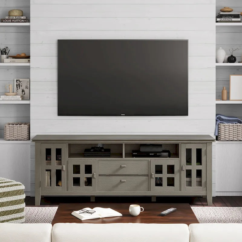 Meuble TV en bois massif, 183 cm de large, convient aux téléviseurs jusqu'à 80" – Plusieurs couleurs disponibles