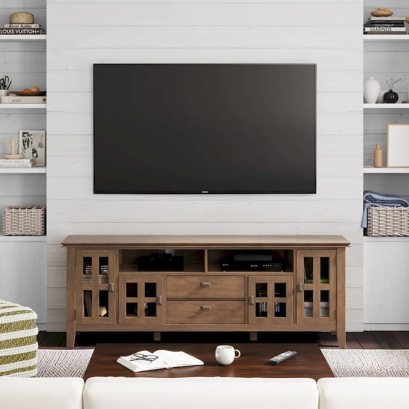 Meuble TV en bois massif, 183 cm de large, convient aux téléviseurs jusqu'à 80" – Plusieurs couleurs disponibles