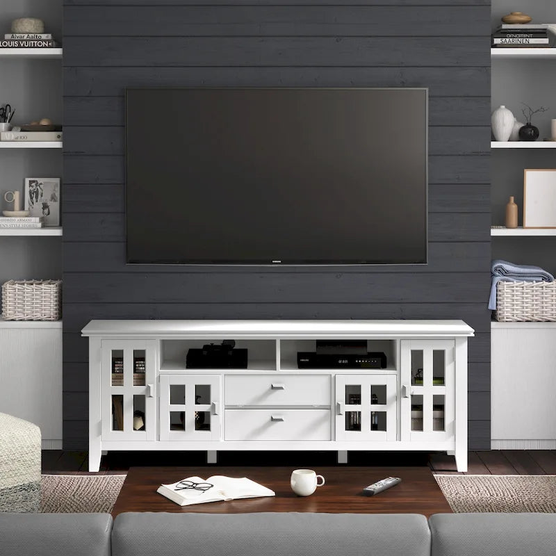Meuble TV en bois massif, 183 cm de large, convient aux téléviseurs jusqu'à 80" – Plusieurs couleurs disponibles