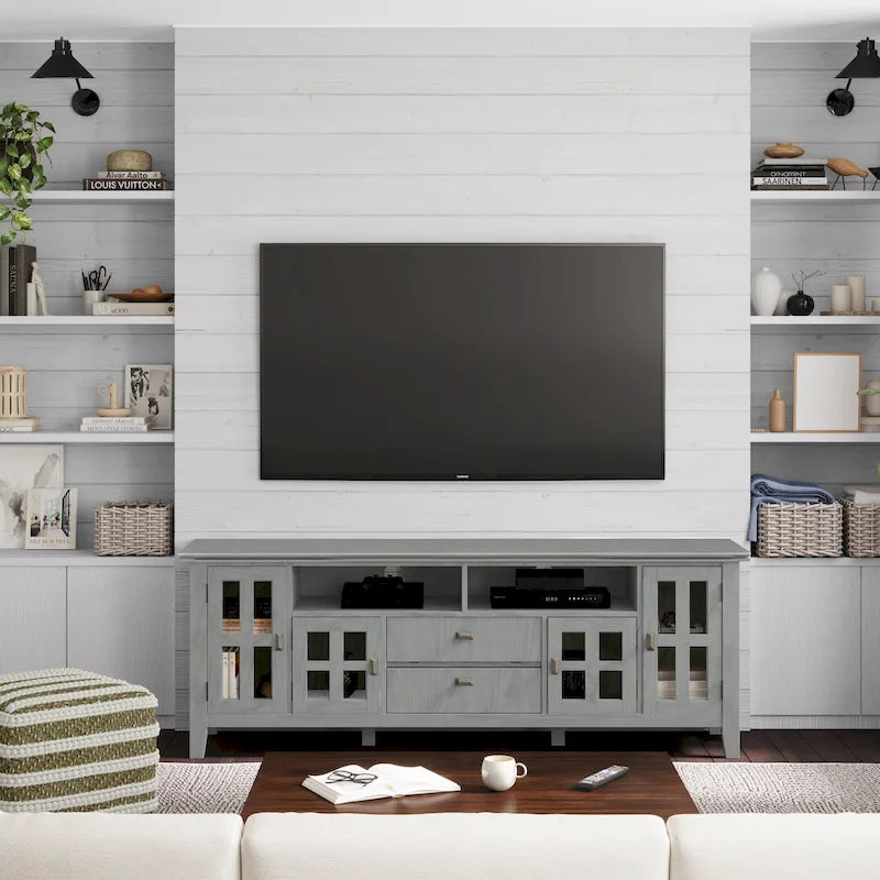 Meuble TV en bois massif, 183 cm de large, convient aux téléviseurs jusqu'à 80" – Plusieurs couleurs disponibles