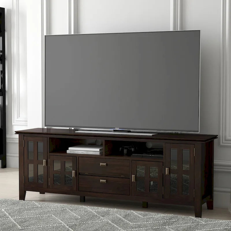Meuble TV en bois massif, 183 cm de large, convient aux téléviseurs jusqu'à 80" – Plusieurs couleurs disponibles