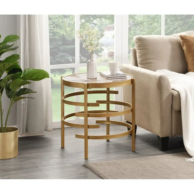 Table d'appoint ronde – Or / Noir / Argent galvanisé | Dessus en pierre frittée | Style moderne | Utilisation par 1 personne