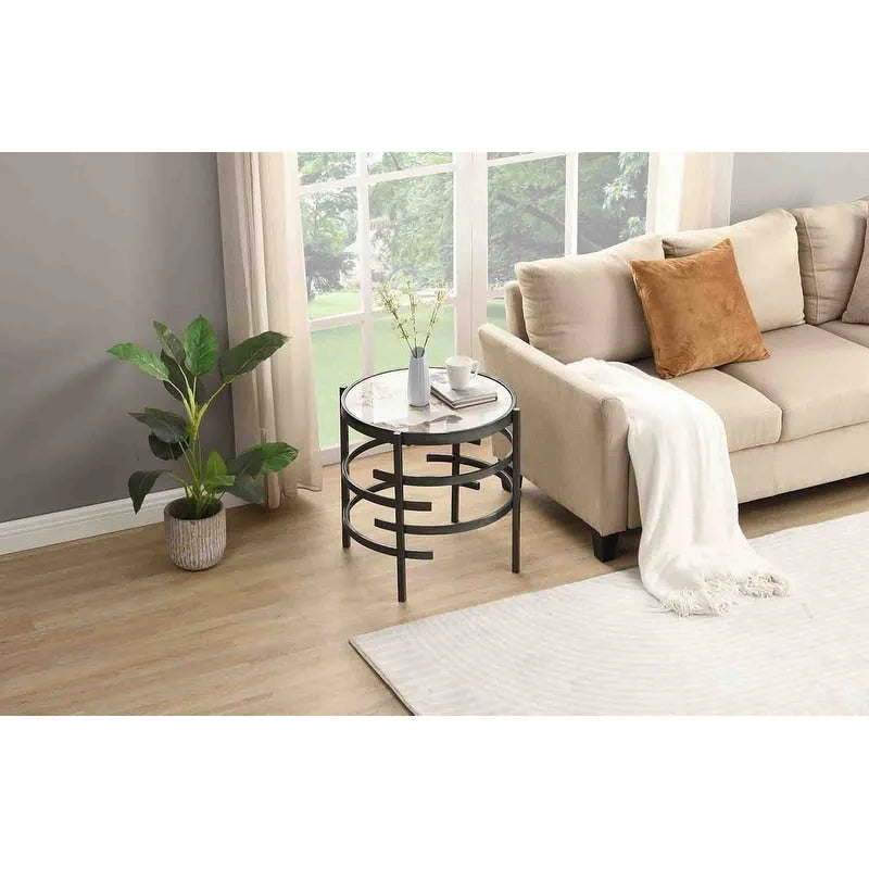 Table d'appoint ronde – Or / Noir / Argent galvanisé | Dessus en pierre frittée | Style moderne | Utilisation par 1 personne