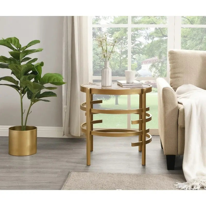 Table d'appoint ronde – Or / Noir / Argent galvanisé | Dessus en pierre frittée | Style moderne | Utilisation par 1 personne