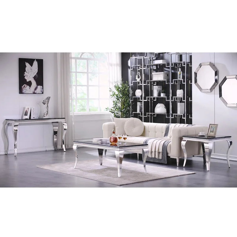 Console — Noir/Argent & Blanc/Doré, Plateau MDF, Pieds Acier Inoxydable, 1 Personne