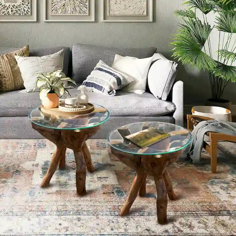 Table d'appoint en racine de teck avec plateau en verre brun – 1 Personne